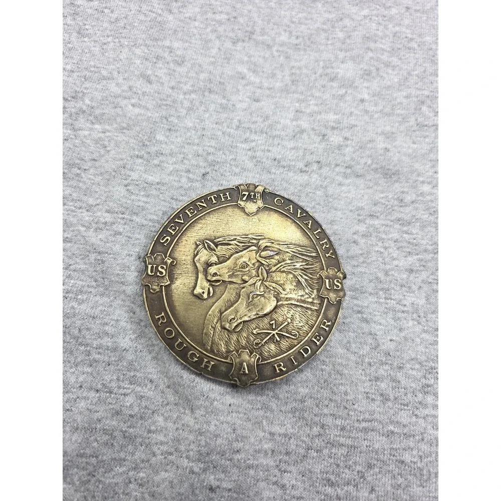 Vintage Solid Brass 7th Cavalry Rough Riders USA Military Belt Buckle Army